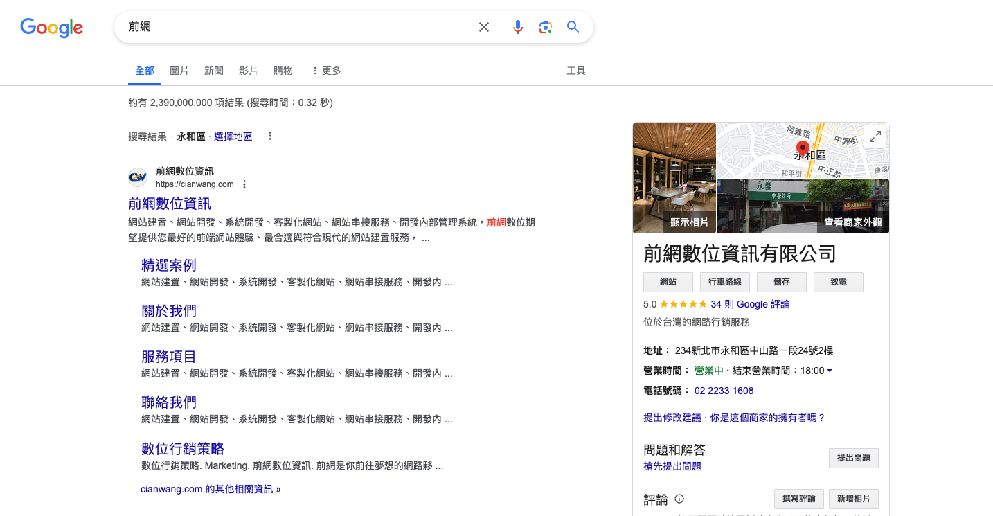 前網數位在搜尋引擎中搜尋後的結果,顯示Meta Description的重要性