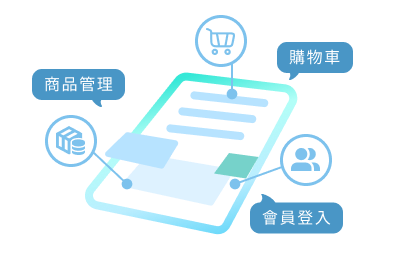 電商網站功能圖示,包含商品管理、購物車與會員登入